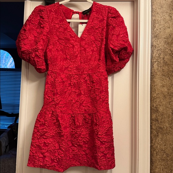 NWT Russa May Floral Jacquard Tiered Mini Sugar Lips Small Red Brocade Dress - Picture 5 of 5